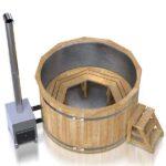 photo 1 stainless steel wooden hot tub with a wood fired heater