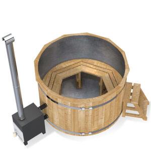 pic 1 stainless steel wooden hot tub with a wood fired heater