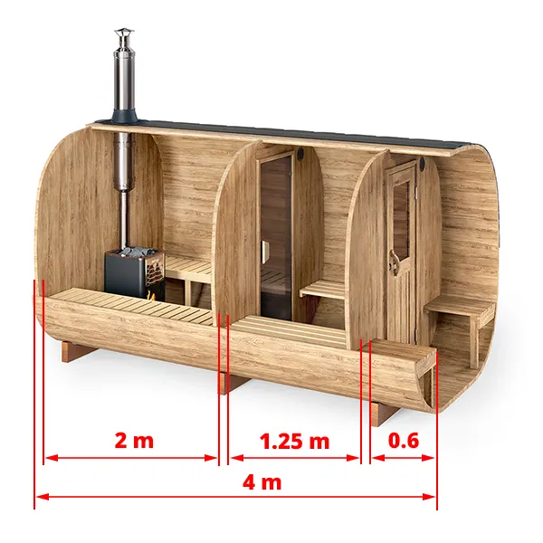 pic 1 4m for 4 persons round barrel cube sauna with dressing room and outside seats