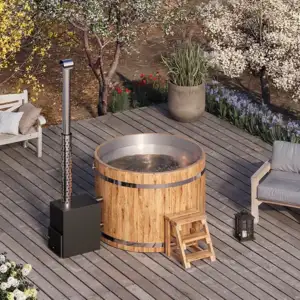 pic stainless steel wooden hot tub with a wood fired heater